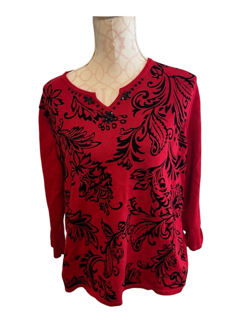 Alfred Dunner Red Knit Top with Black Floral Scroll